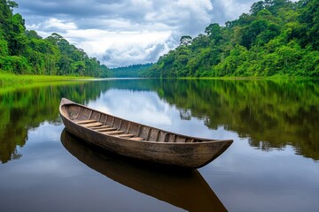 Obraz premium A peaceful jungle river reflecting the dense greenery, with a wooden canoe floating on the surface