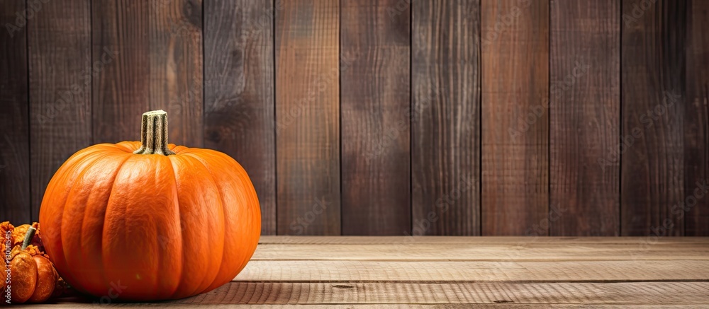 Poster Pumpkin with textured orange skin placed on rustic wooden background with soft light shadows and warm brown tones on the left side of the image