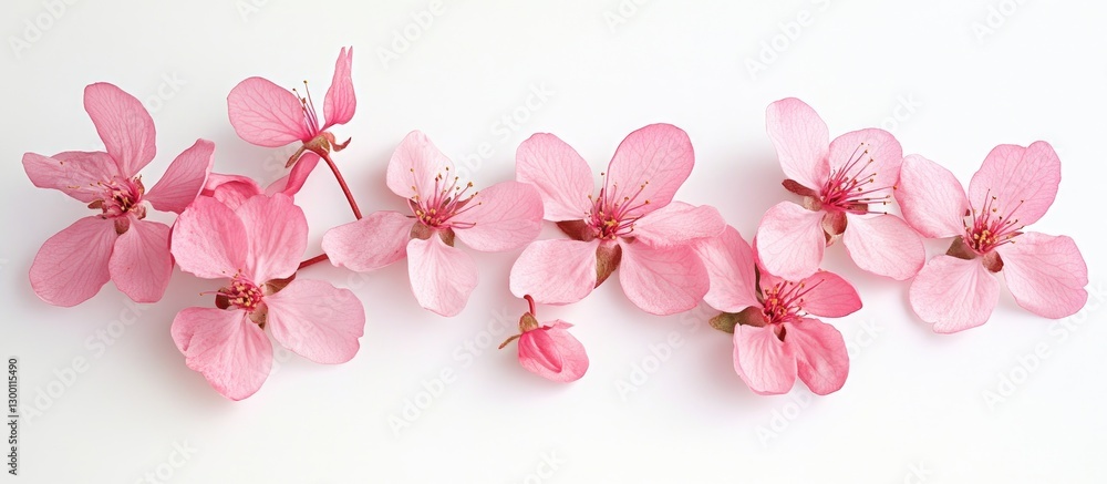 Poster delicate pink cherry blossoms arranged on a spacious white background emphasizing their grace and be