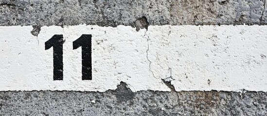 Black number 11 prominently displayed on a cracked white pavement strip with a textured surface creating a weathered urban aesthetic.