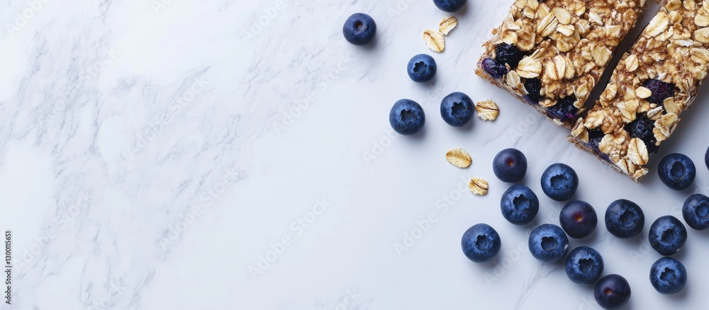 Aufkleber blueberry oat breakfast bars on a white marble surface with scattered blueberries and oats in varyin
