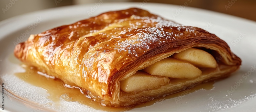 Poster flaky golden puff pastry square filled with sweet caramelized apple slices drizzled with syrup on a 