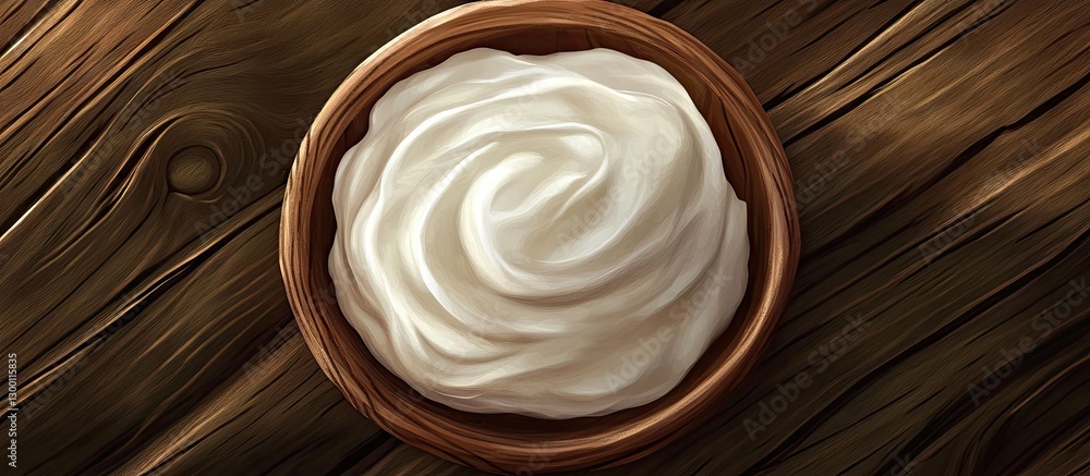 Poster creamy yogurt or sour cream in a rustic wooden bowl resting on a textured wooden table with natural 