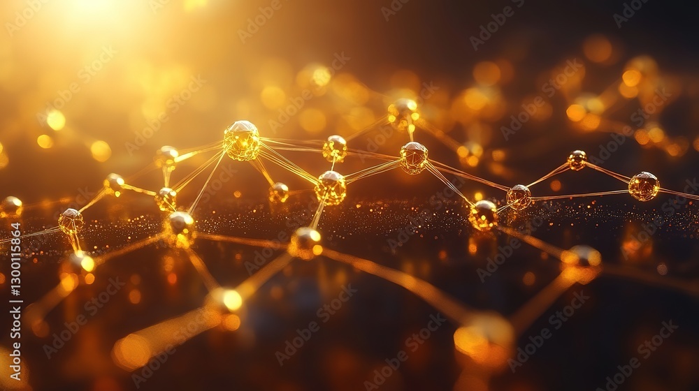 Poster abstract golden molecules connected by thin lines on soft background, 32k resolution