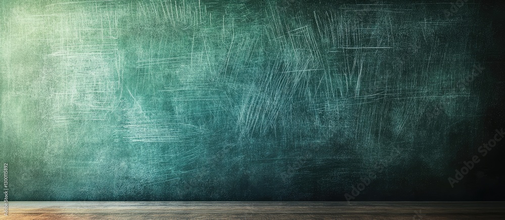 Poster chalkboard texture on dark green backdrop with faint chalk markings and wooden bottom edge for educa