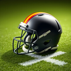 Fototapeta premium Black football helmet with spanish flag stripes resting on green field