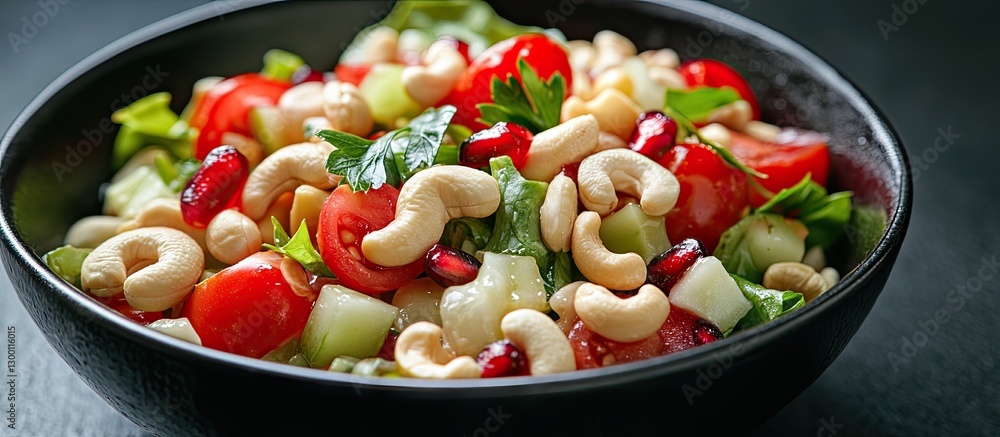 Poster vibrant spinach salad featuring fresh cucumbers tomatoes red onion pomegranate sesame seeds and cash