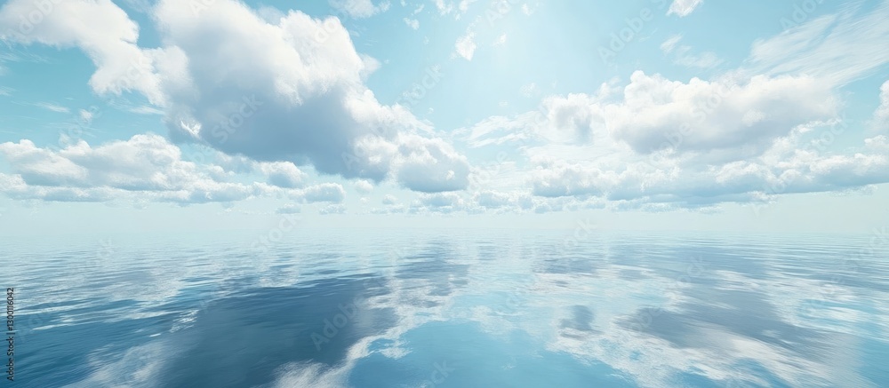 Aufkleber Serene ocean reflecting a calm blue sky with fluffy white clouds creating a tranquil atmosphere of peace and harmony. Color palette includes soft blues and whites.