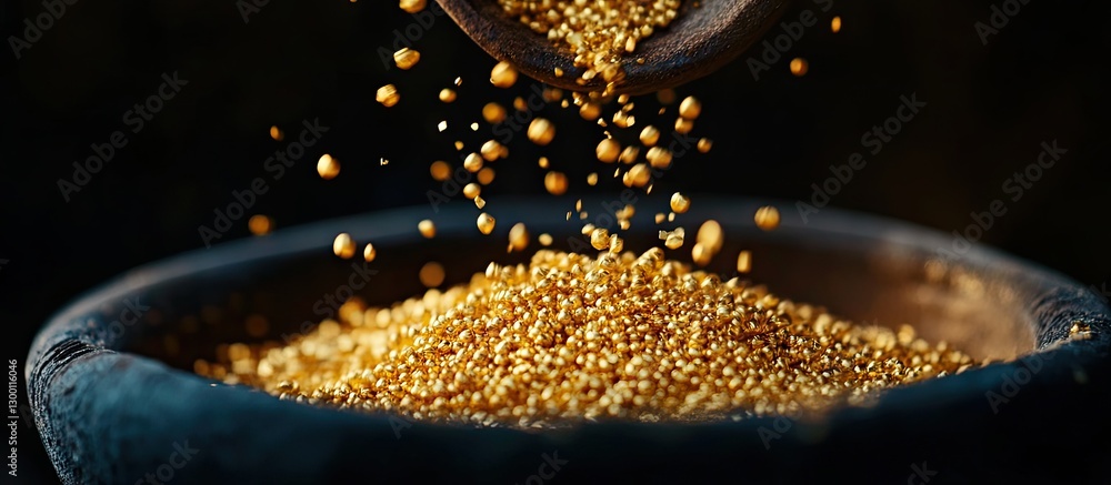 Poster vivid golden particles cascading from a wooden scoop into a dark stone bowl, creating a striking con