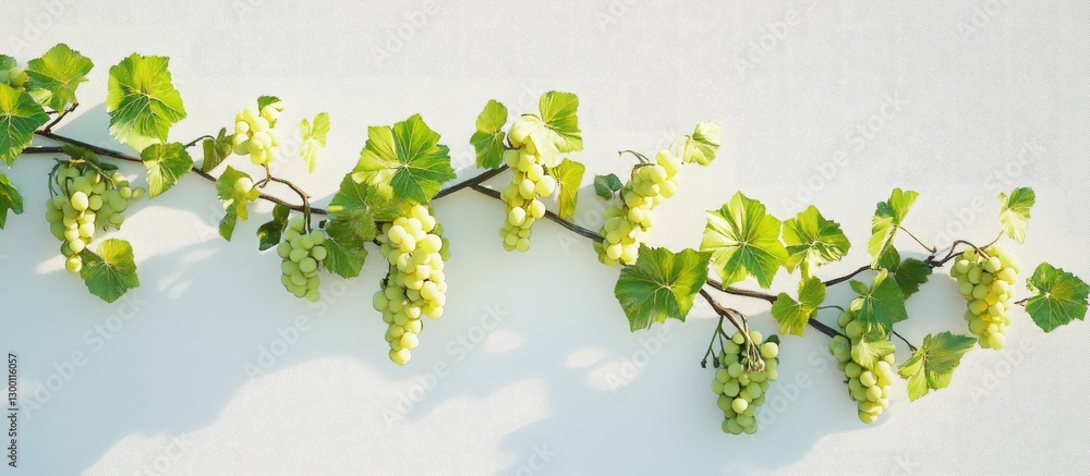Poster fresh green grape vine branch with clusters of grapes against a clean white background highlighting 