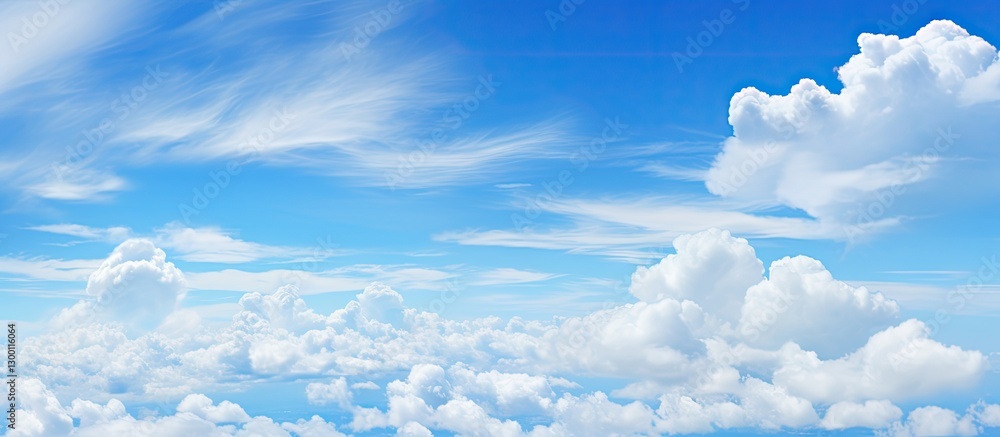 Poster Bright blue sky filled with soft white fluffy clouds creating a serene atmosphere with ample space for text overlay and creative design use.