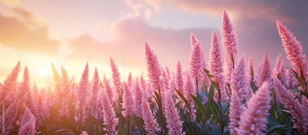 Poster serene pink sorghum plants in a tranquil field illuminated by gentle dawn light with soft clouds cre