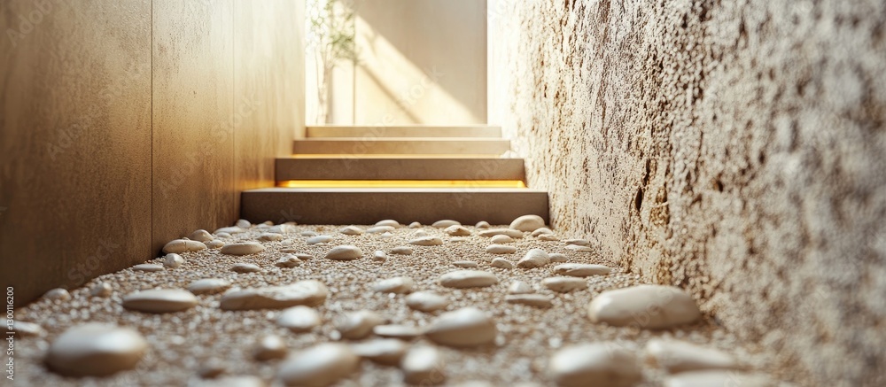 Poster serene staircase leading to light with smooth pebbles and warm wooden steps illuminated by sunlight 