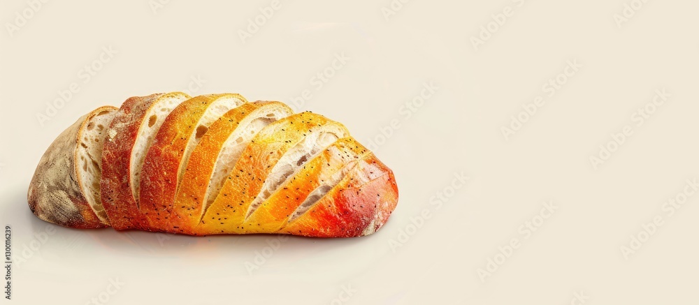 Poster artisan sourdough bread loaf with colorful crust sliced against a light beige background, positioned