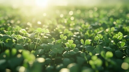 A serene, sunlit scene featuring several bright green shamrock leaves emerging from a bed of clover, with a soft, diffused light creating a dreamy, ethereal atmosphere.