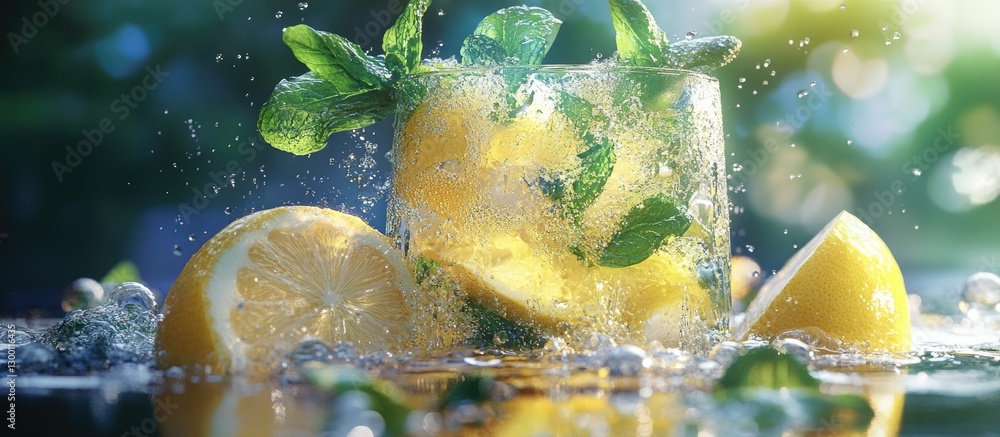 Aufkleber refreshing lemonade with lemon slices and mint, sparkling bubbles creating a vibrant splash, bright 