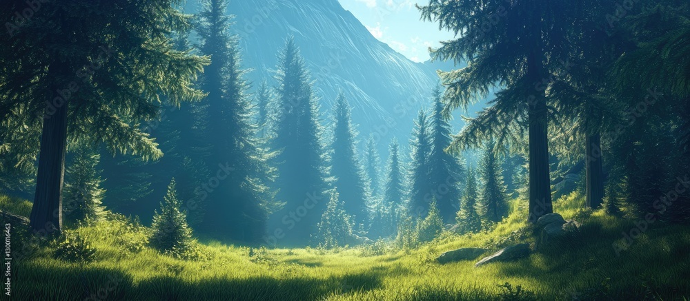 Leinwandbilder Sunlit forest scene with tall spruce trees in lush green grass illuminated by soft light with mountains in the background creating a serene atmosphere.