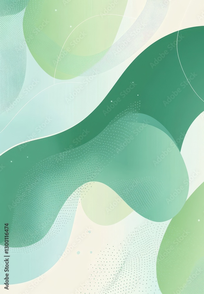 Poster abstract green waves with soft pastel tones and subtle dots creating a calm and serene background fo