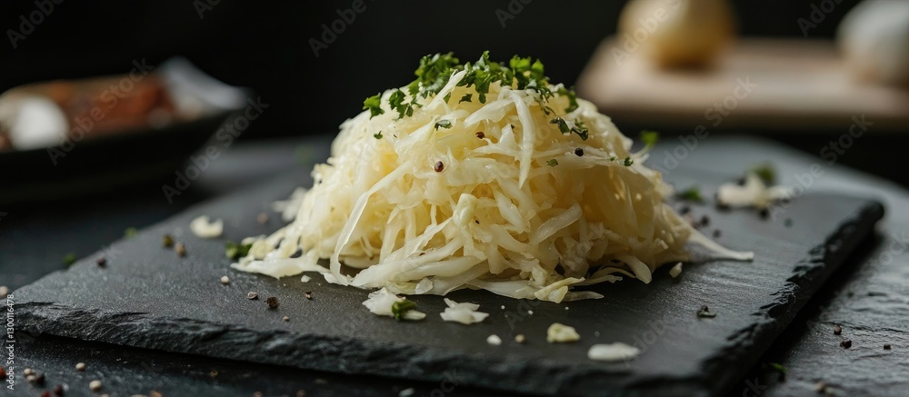 Aufkleber fermented shredded cabbage on a textured slate platter with green herbs and black sesame seeds, show