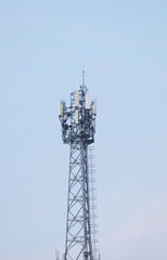 Telecommunication tower with blue sky background, communication and telecommunication concept
