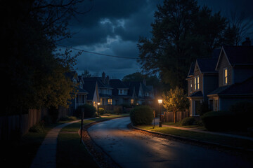 Suburban houses line the streets in a middle class suburban residential neighborhood, calm, peaceful at night. Homes in the suburbs during nighttime with family household indoors resting and sleeping.