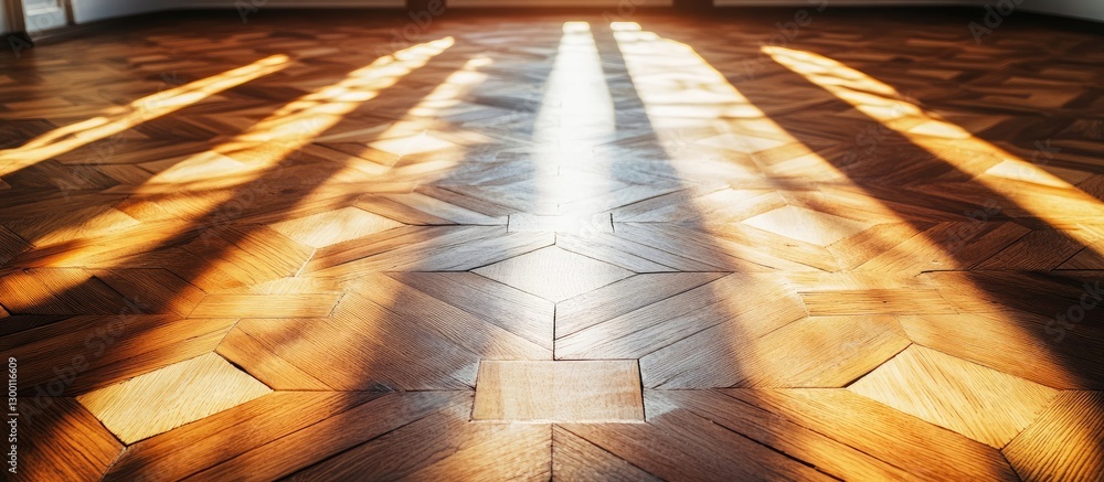 Poster sunlight casts warm golden rays over a geometric wooden floor, accentuating intricate textures and p