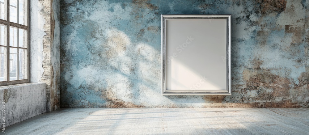 Aufkleber grunge interior featuring a large empty silver picture frame centered on a distressed blue wall, wit