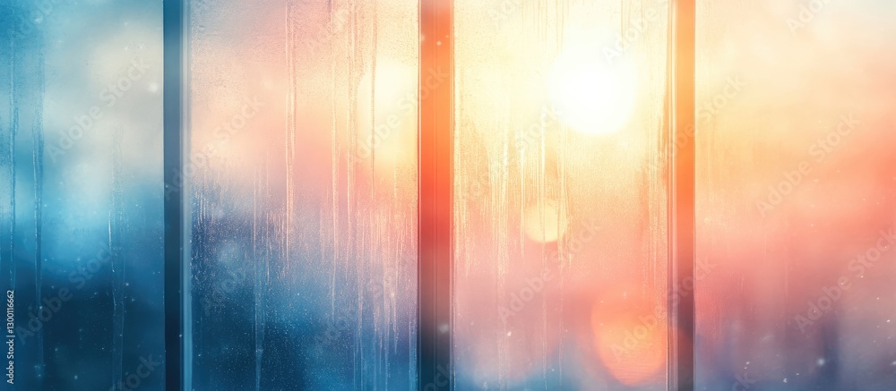 Poster warm sunlight glimmers through a frosty window with vibrant hues of blue and soft orange creating a 