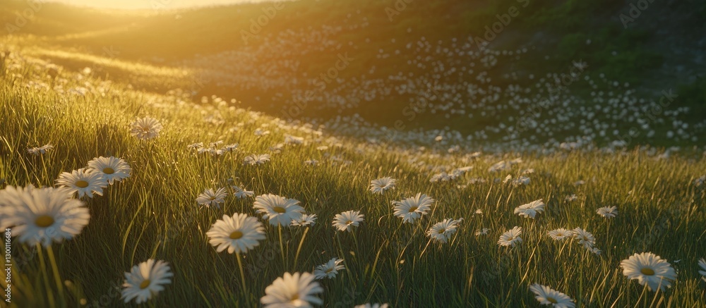 Poster golden sunset over a serene field of white daisies and lush green grass with soft sunlight illuminat