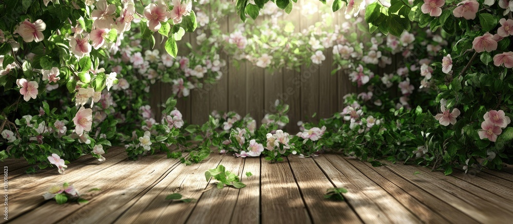 Poster spring background featuring a wooden table adorned with lush green foliage and pink blossoms, illumi