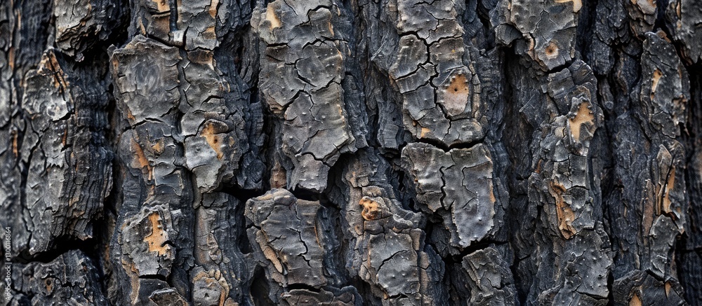Fototapete vertical cracked tree bark texture with deep brown and black tones; highlighted grooves and crevices