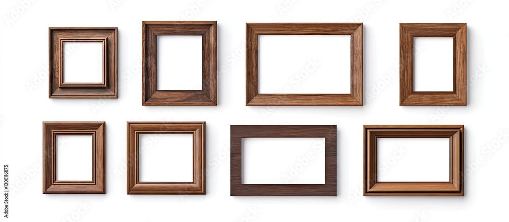 Poster variety of rustic brown wooden photo frames arranged in two rows against a clean white background, f