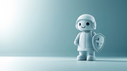 Adorable white robot doctor with stethoscope positioned on light blue background, representing technological advancements and dedication in healthcare