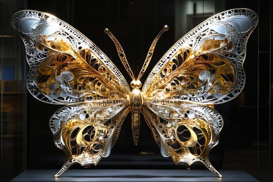 Intricate Gold and Silver Butterfly Sculpture Shines in Dark Showcase