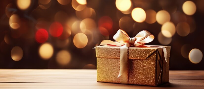 Elegant golden gift box with a cream satin ribbon on rustic wooden surface blurred with warm bokeh lights in the background for festive celebrations - Powered by Adobe