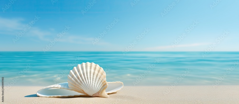 Aufkleber White flip flop and seashell on sandy beach with clear blue ocean waves and cloudless sky creating a tranquil summer vacation atmosphere