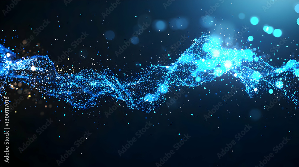 Poster Abstract Blue Particle Wave On Dark Background With Bokeh Lights