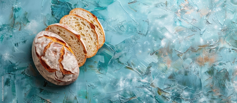 Poster artisan sourdough bread sliced on a textured turquoise background with three slices positioned on th