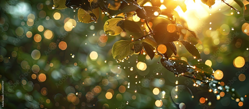 Aufkleber Macro view of water droplets on green leaves illuminated by warm sunlight with a blurred bokeh background creating serene nature ambiance