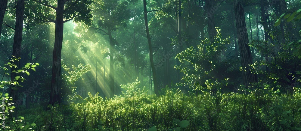 Poster lush green forest with sunlight streaming through tall trees creating a tranquil atmosphere with vib