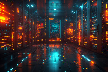 Glowing server rack with digital interface and colorful data streams in a dark, cyberpunk-inspired room with advanced technology