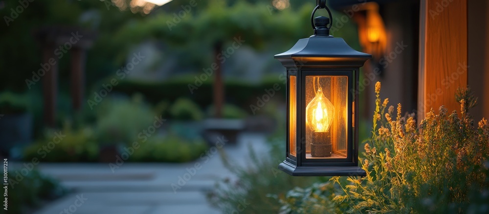 Poster Elegant wrought iron gas lantern with warm amber glow hanging in lush garden setting, softly illuminating pathway with greenery in the background.