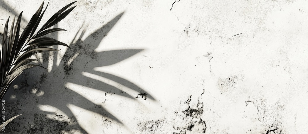 Leinwandbilder shadows of palm leaves cast on a textured white cement wall with visible cracks and ample copy space