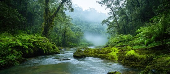 Obraz premium Lush green tropical rainforest with misty atmosphere surrounding a serene river and rocks under a blue-gray sky with vibrant foliage in the foreground.
