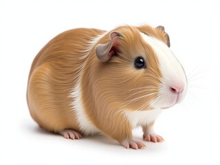 Fototapeta premium Cute guinea pig with brown, white and black markings, isolated on a clean white background. Adorable pet portrait.
