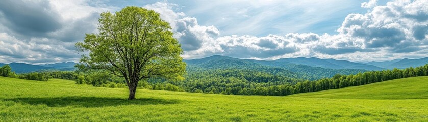 Fototapeta premium Single Deciduous Tree in Lush Green Field Against Mountain Range under Cloudy Sky