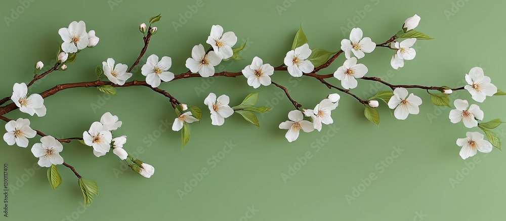 Poster delicate white cherry blossoms on a brown branch against a soft green background, arranged elegantly