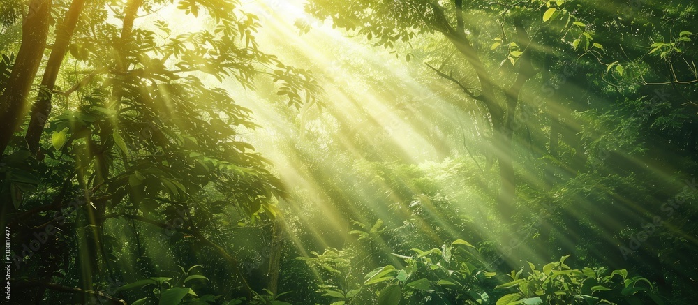 Poster sunlight beams through lush green foliage in a tranquil forest scene creating a serene ambiance with