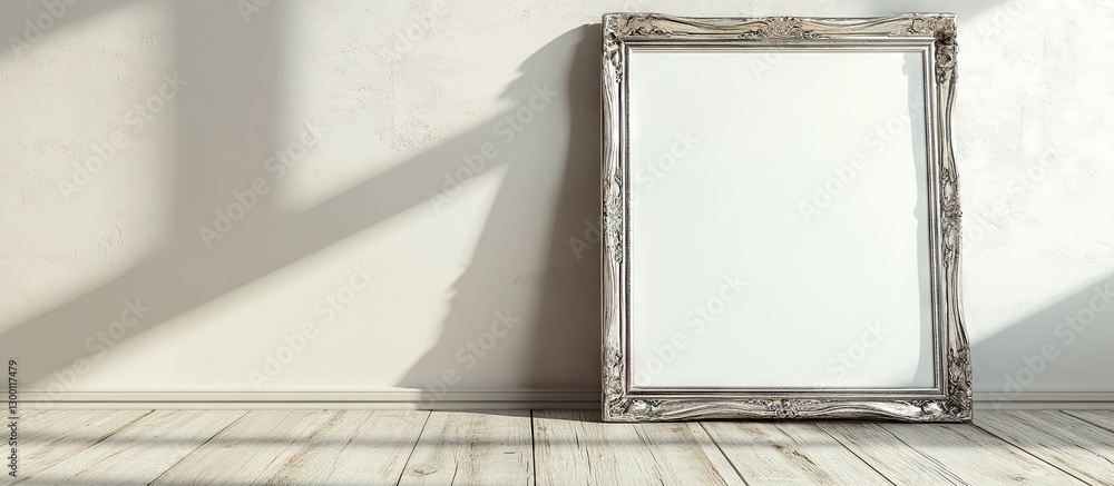 Poster silver ornate picture frame leaning against a wall in a grunge interior with sunlight casting shadow