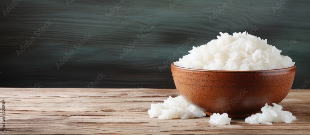 Poster wooden table background featuring a brown bowl filled with fluffy white rice positioned on the left 